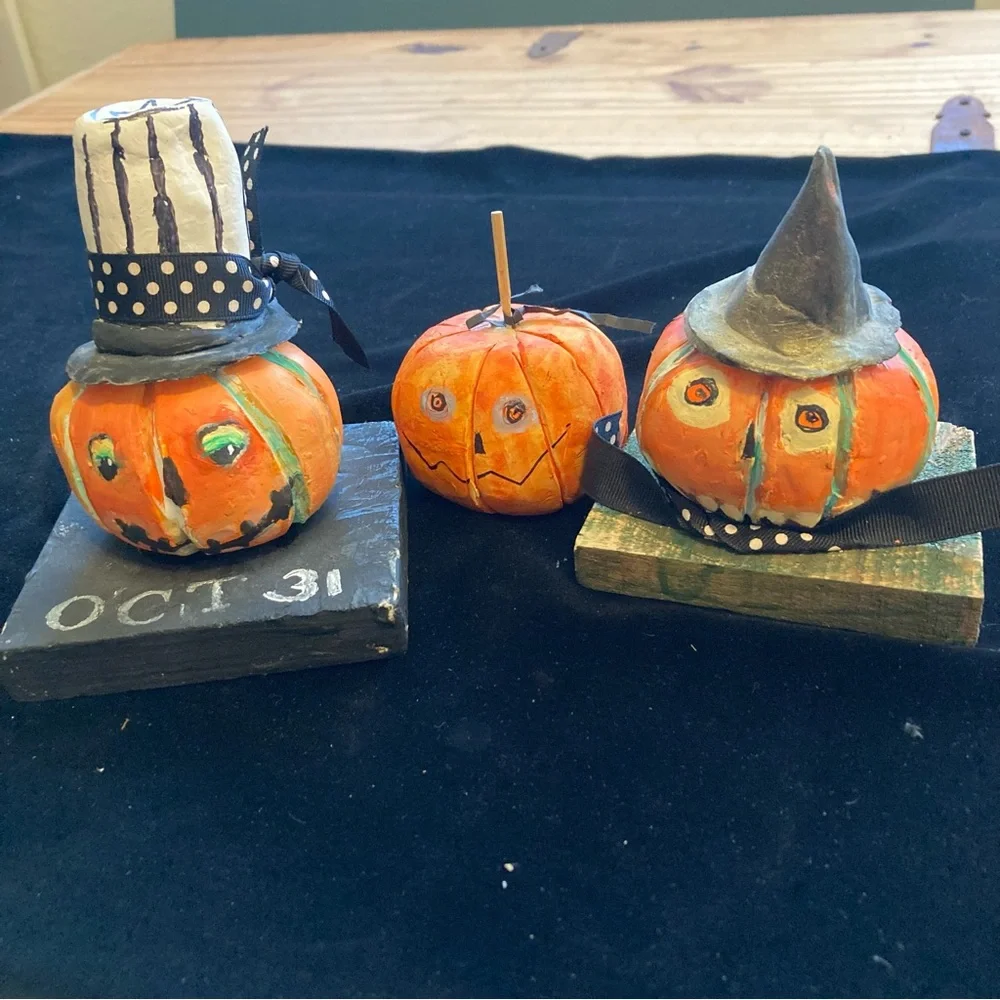 Three Handmade Original  Ceramic Halloween Pumpkins 3”-5”